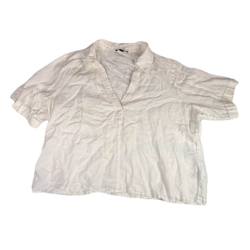 J. Crew Cabana Top White Linen Short Sleeve V-Neck Flowy Blouse L MSRP‎ $98